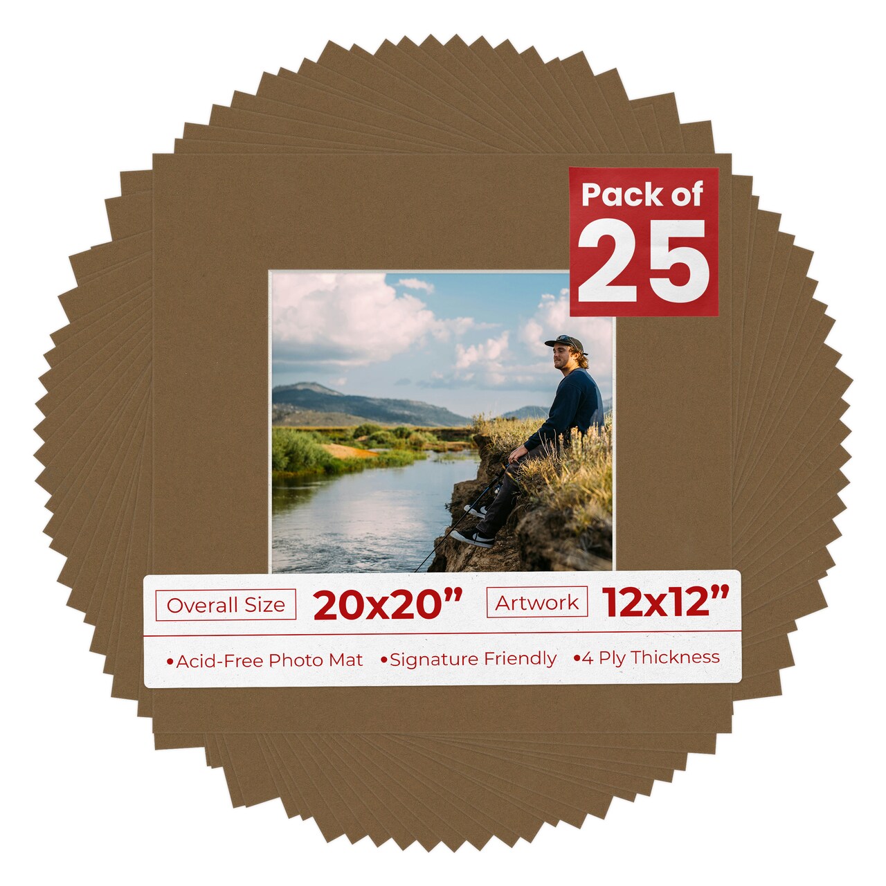 Aged Oak Brown Mat Board for 20x20 Frames - Fits 12x12 Photos